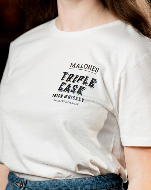 Malones Irish Whiskey White T Shirt (Small logo, big stag)