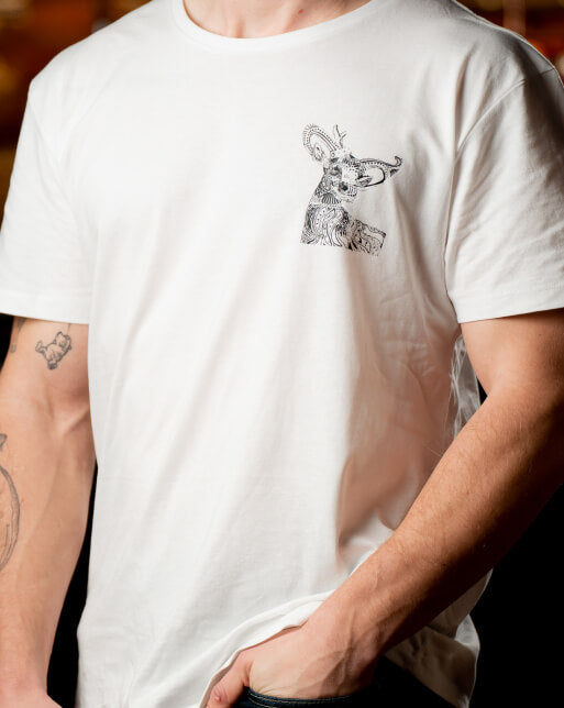 Malones Irish Whiskey White T Shirt (small stag, big logo)