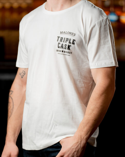 Malones Irish Whiskey White T Shirt (Small logo, big stag)